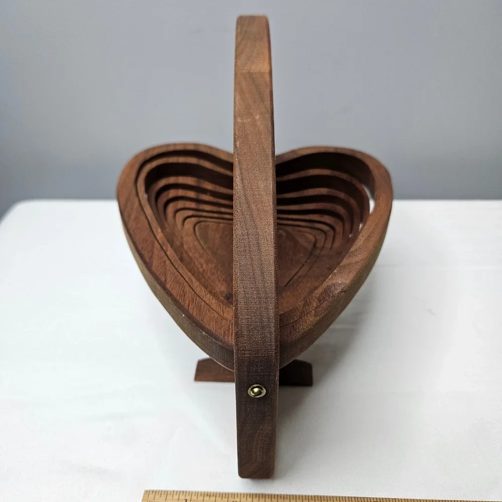 Vintage Heart Shaped Collapsible Wood Fruit Basket Trivet Walnut MCM Decor 10x11